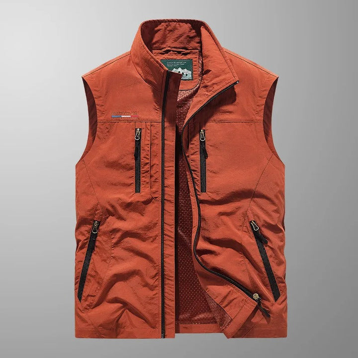 Men's breathable outdoor cargo vest, multi-pocket for hiking, fishing, travel. Lightweight utility activewear.