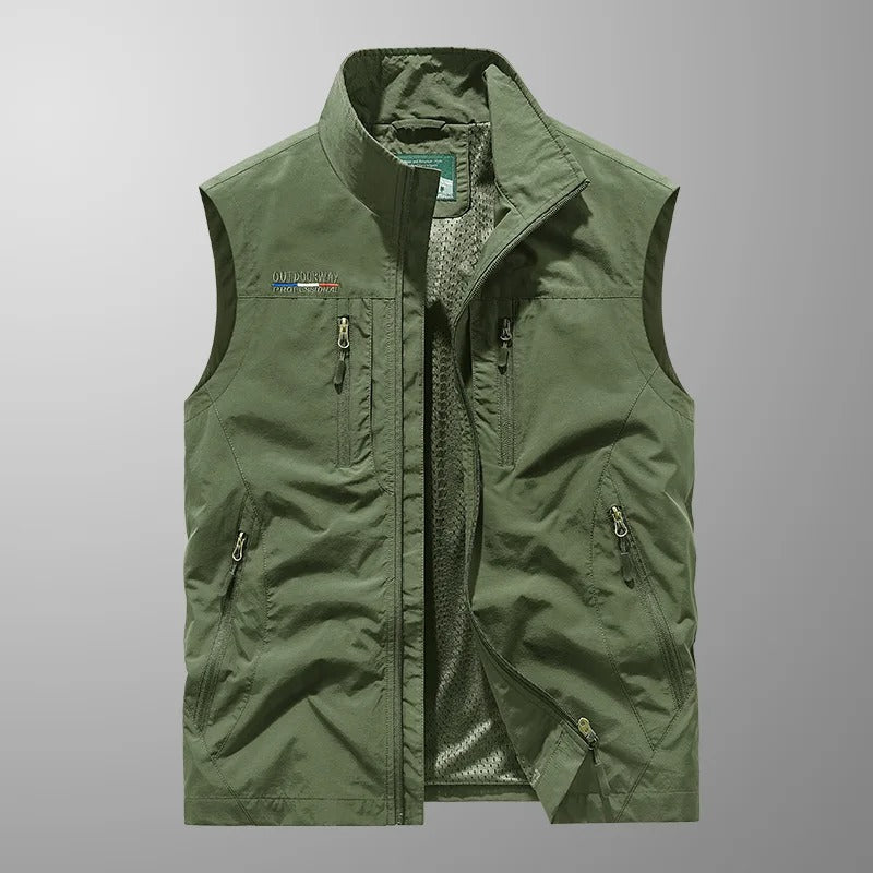 Rugged men's utility cargo vest with multiple pockets. Breathable, lightweight design for outdoor hiking & fishing.