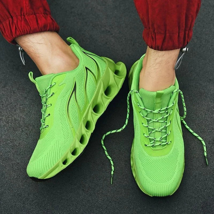 Close-up of men's running shoe sole. Highlights cushioning, grip, & arch support for comfortable walking & sports.
