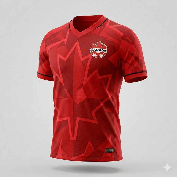 Breathable, quick-dry men's Canada Away World Cup soccer jersey. Athletic team wear for fans in red & black.
