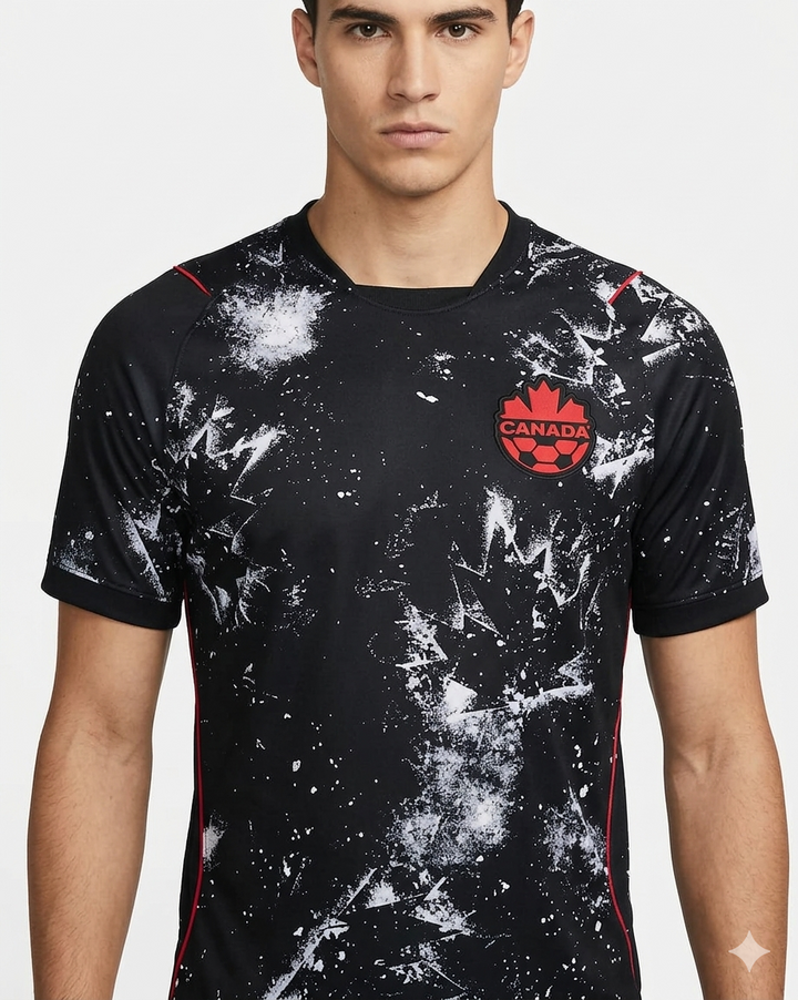 Red & black men's Canada Away football jersey for World Cup fans. Breathable, athletic team sportswear.