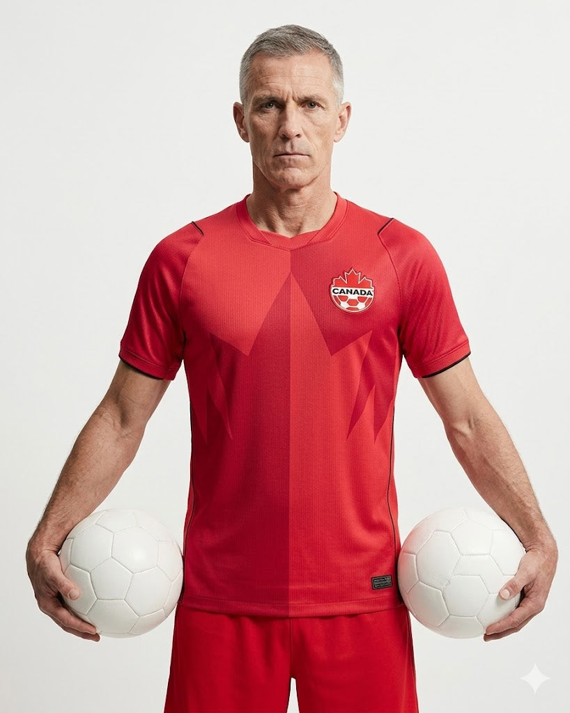 Official Men's Canada Away soccer fan jersey. World Cup athletic team wear with quick-dry, breathable fabric in red/black.
