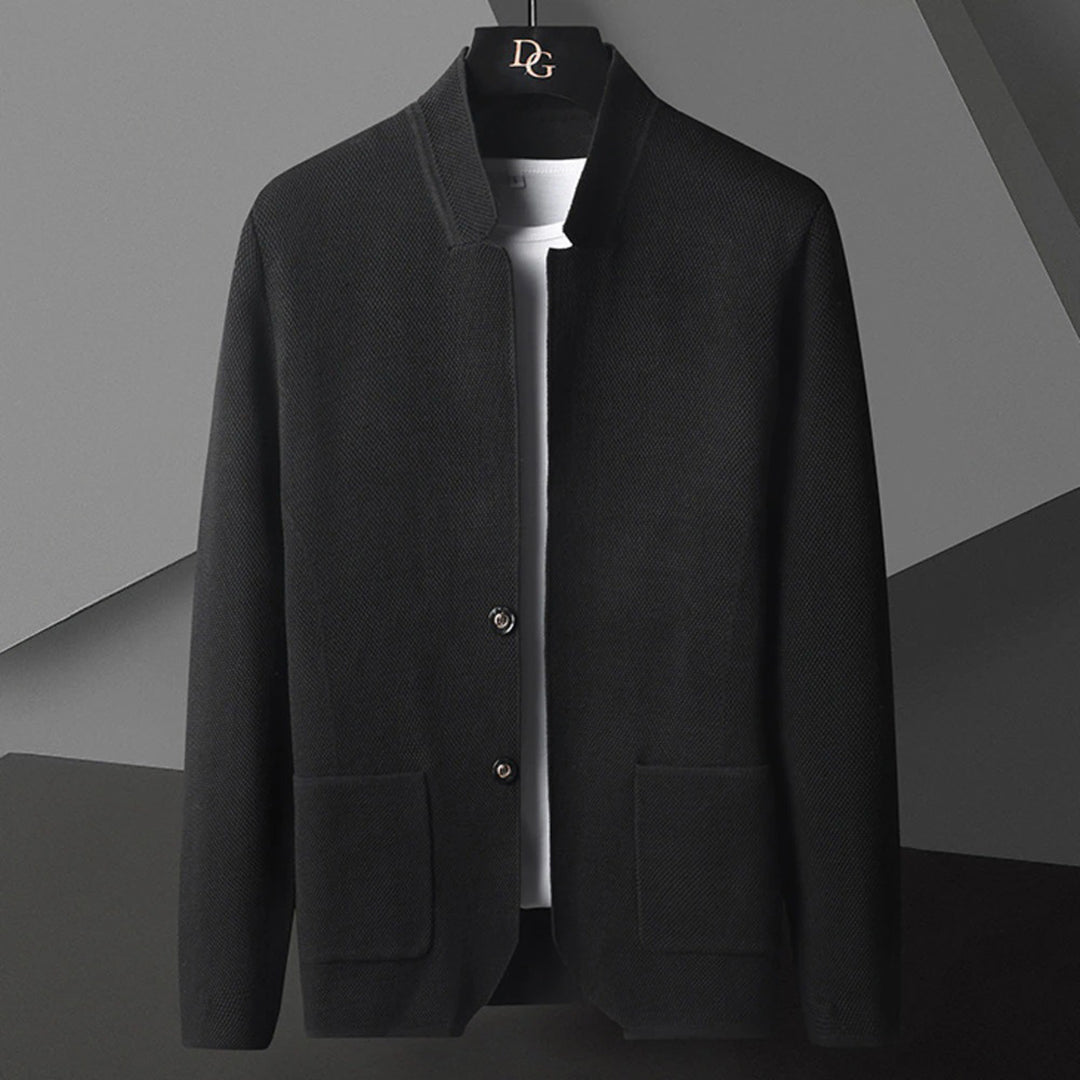 Men's versatile casual outerwear jacket with a distinctive mandarin collar, button closure, and relaxed fit.