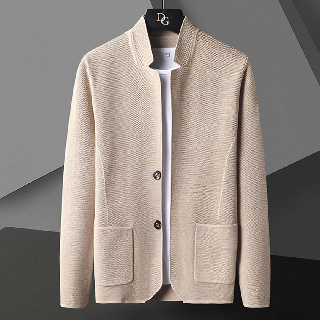 Casual men's button-down jacket. A stylish mandarin collar fall essential with a comfortable, relaxed fit.