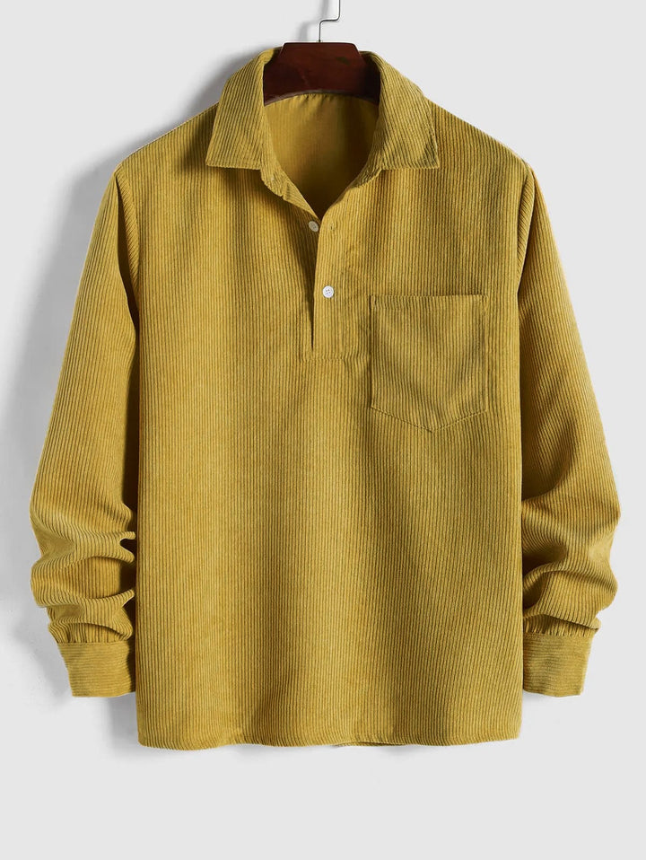 Men's smart casual camp collar button-up shirt with a practical chest pocket, offering a relaxed and modern fit.