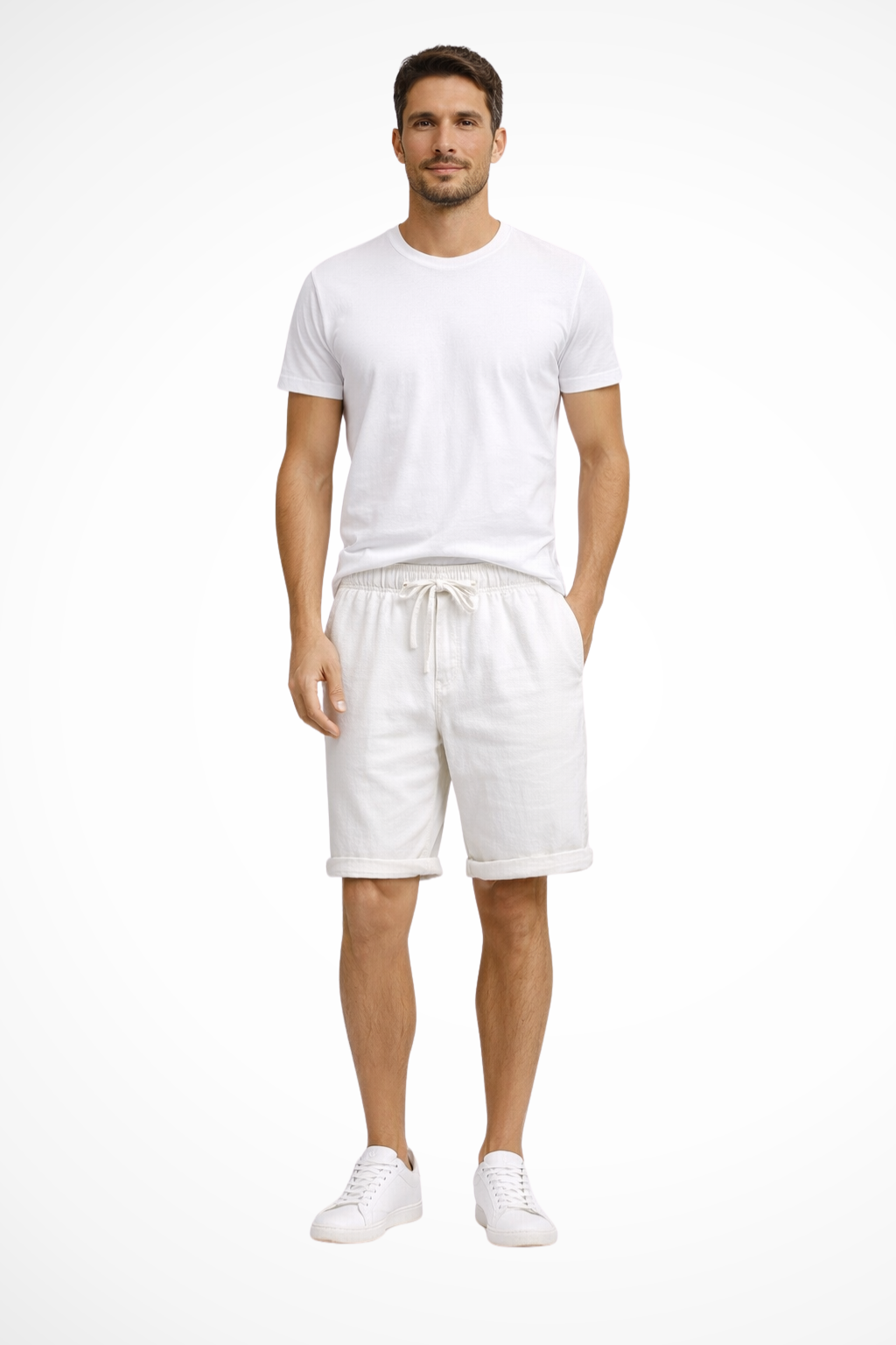 Men's comfortable elastic waist shorts with drawstring and knee-length design, great for casual days.