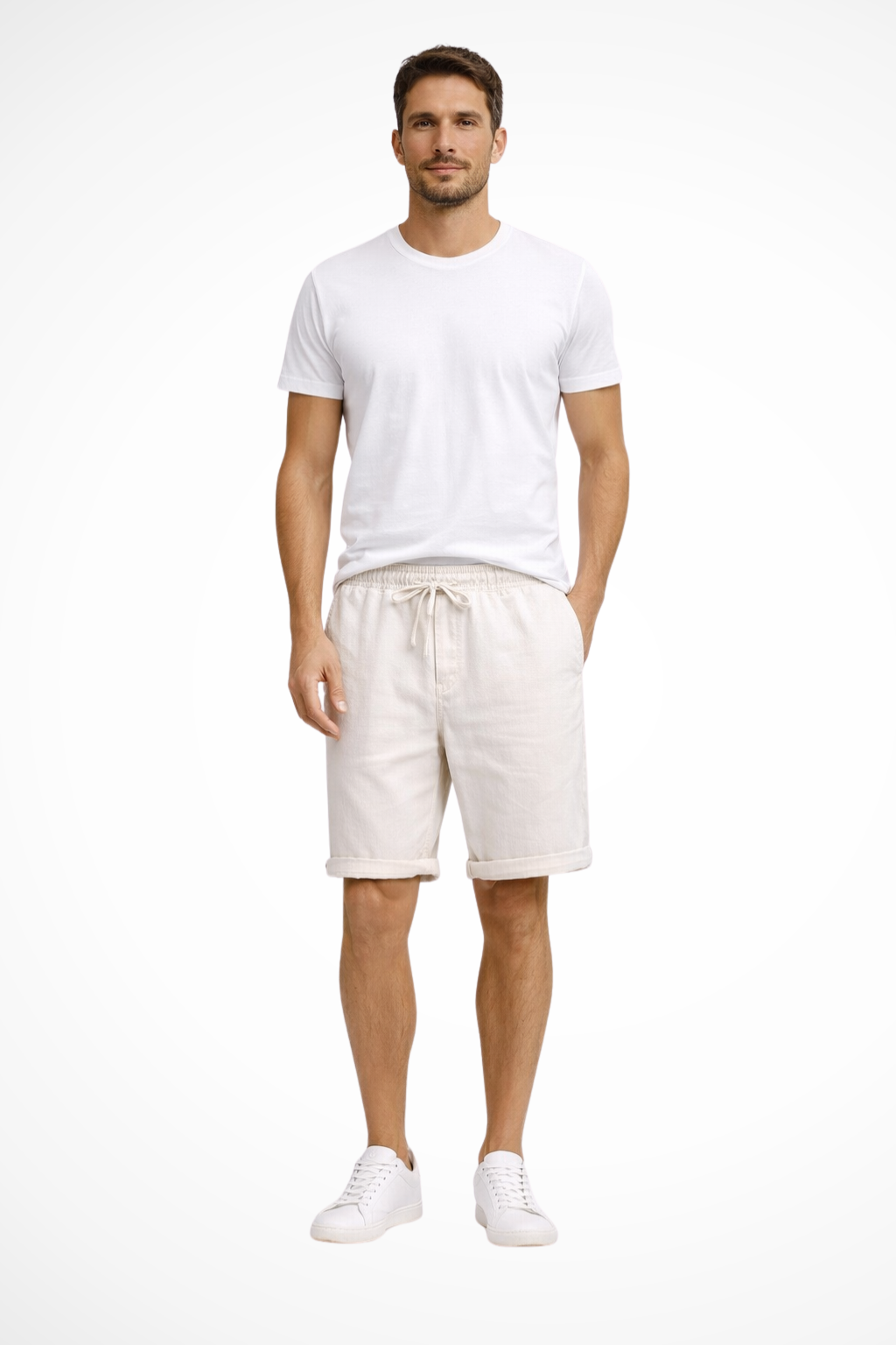 Stylish men's relaxed fit casual shorts with elastic waist, drawstring, and practical pockets.