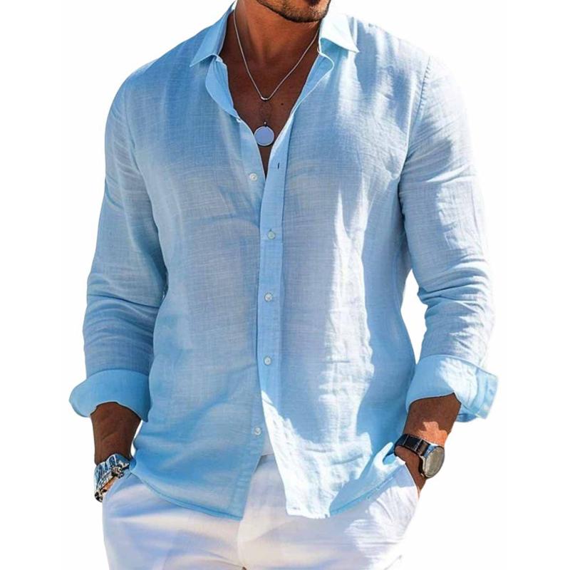 Stylish men's casual button-front shirt for summer, a versatile long-sleeve top for relaxed warm-weather fashion.