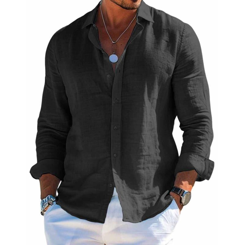 Man wearing a relaxed fit casual long-sleeve button-front summer shirt, suitable for warm weather everyday wear.
