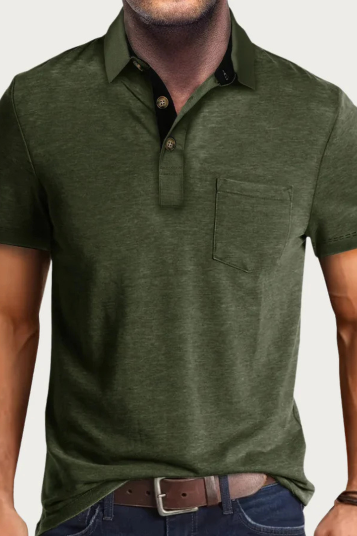 Men's casual short sleeve polo shirt. Features a contrast collar, button placket & chest pocket.