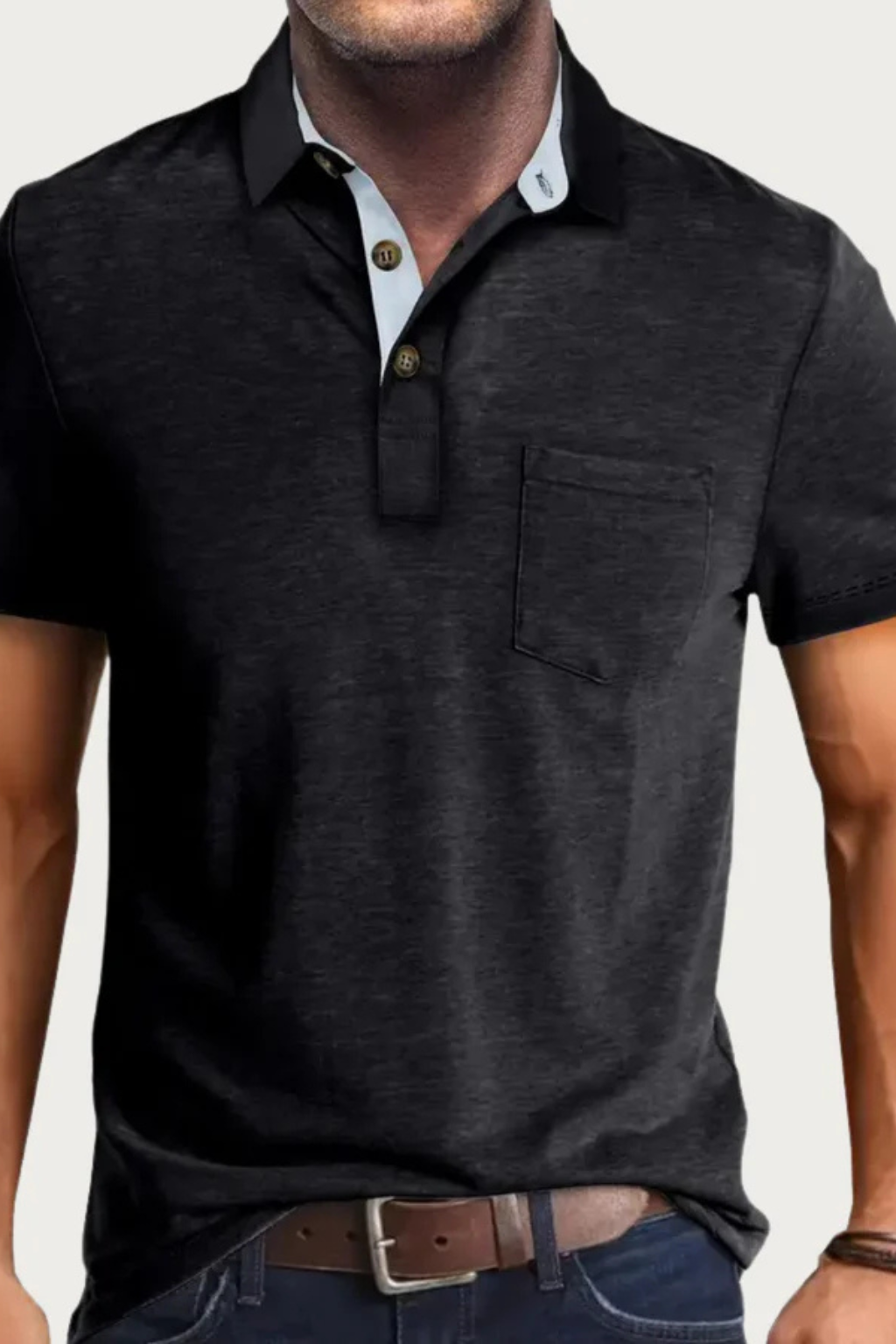 Men's casual polo, short sleeve, featuring a sharp contrast collar and button placket.
