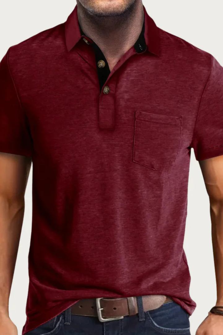 Relaxed fit men's polo shirt, short sleeve. Contrast collar adds modern style to this casual top.