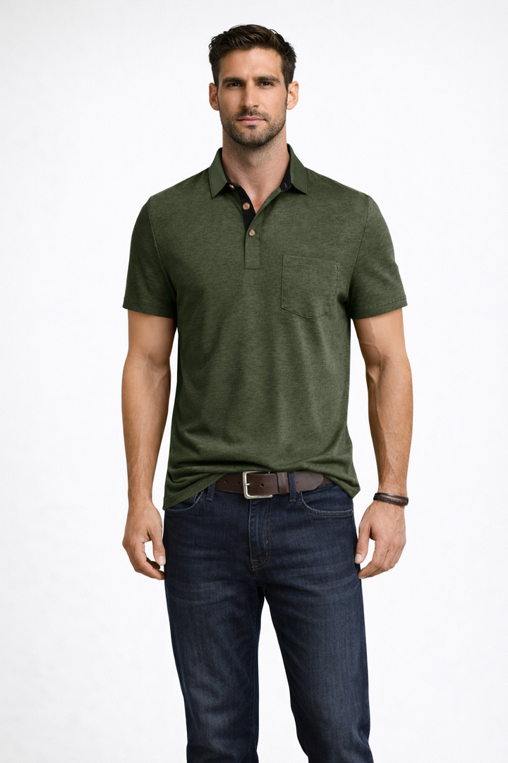 Versatile men's polo shirt, short sleeve. Contrast collar design for smart casual or everyday style.