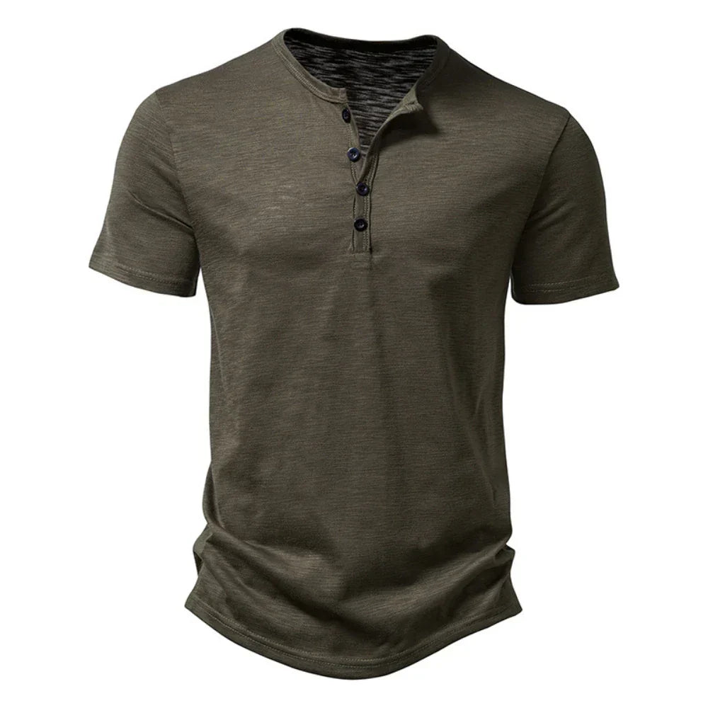 Comfortable men's short sleeve Henley t-shirt, a slim fit casual top with a stylish button collar, ideal for daily wear.