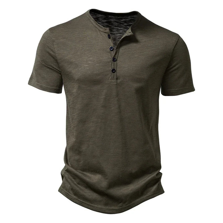 Comfortable men's short sleeve Henley t-shirt, a slim fit casual top with a stylish button collar, ideal for daily wear.