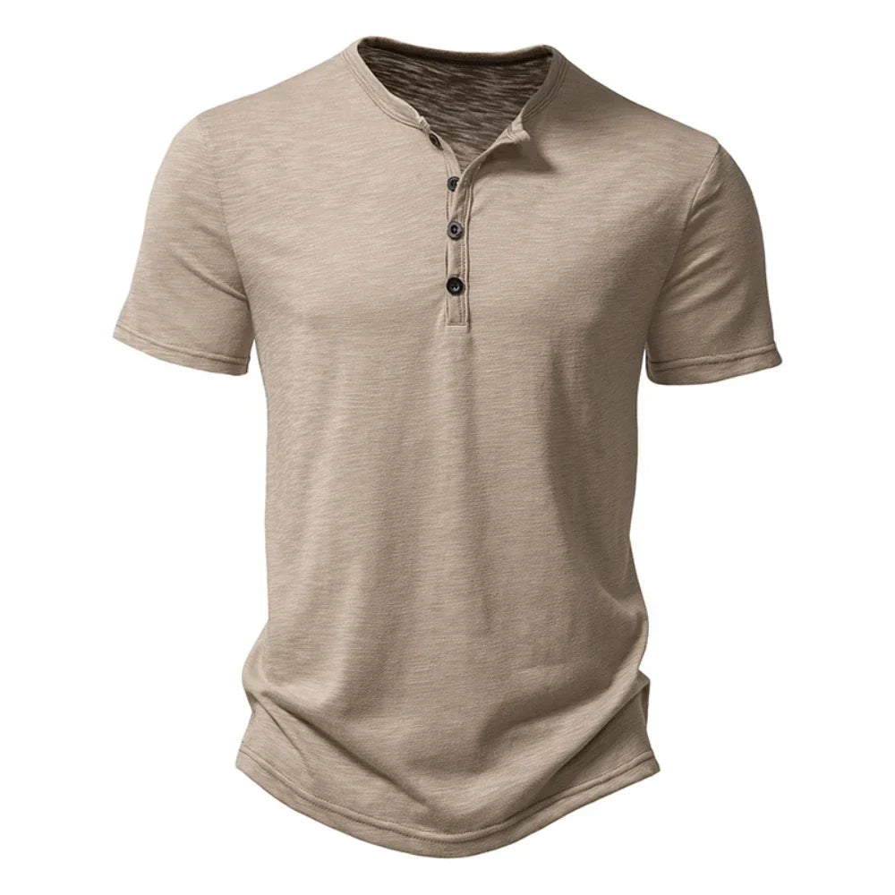 Close-up of a men's Henley t-shirt, showing the casual button collar detail and soft fabric of this slim fit top.