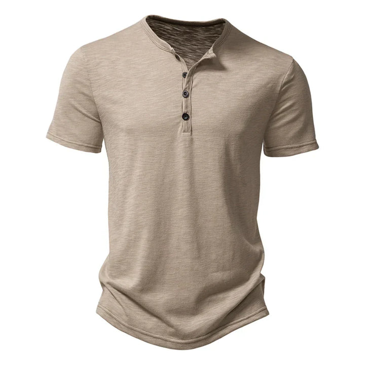 Close-up of a men's Henley t-shirt, showing the casual button collar detail and soft fabric of this slim fit top.