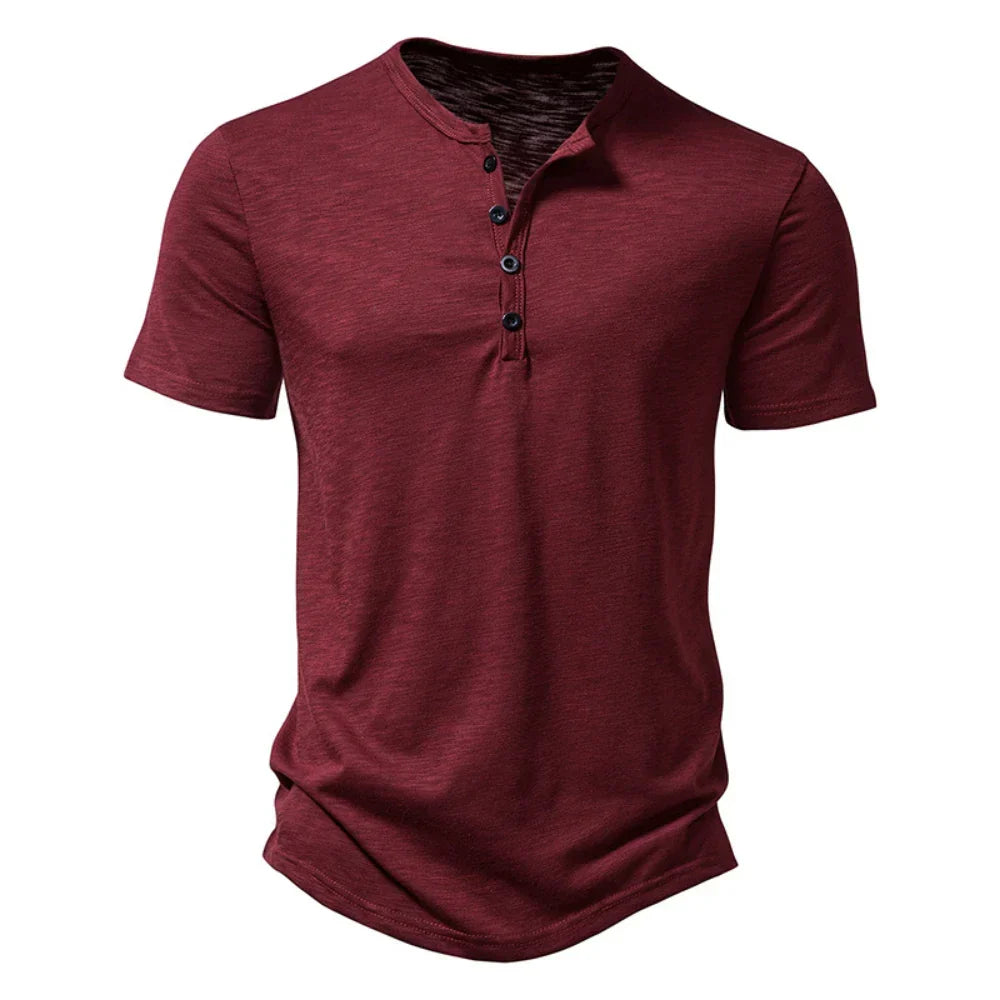 Stylish men's Henley neck t-shirt in a slim fit, a versatile casual top with short sleeves for modern men's fashion.