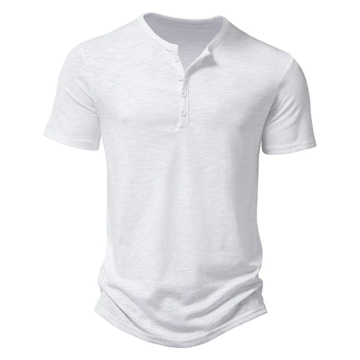 Men's short sleeve Henley t-shirt, a modern slim fit casual top with a classic button collar for effortless style.