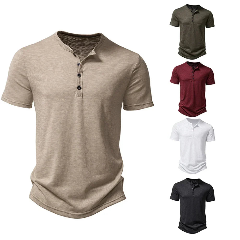 Versatile men's Henley t-shirt, a comfortable slim fit short sleeve top with a button collar for casual everyday wear.
