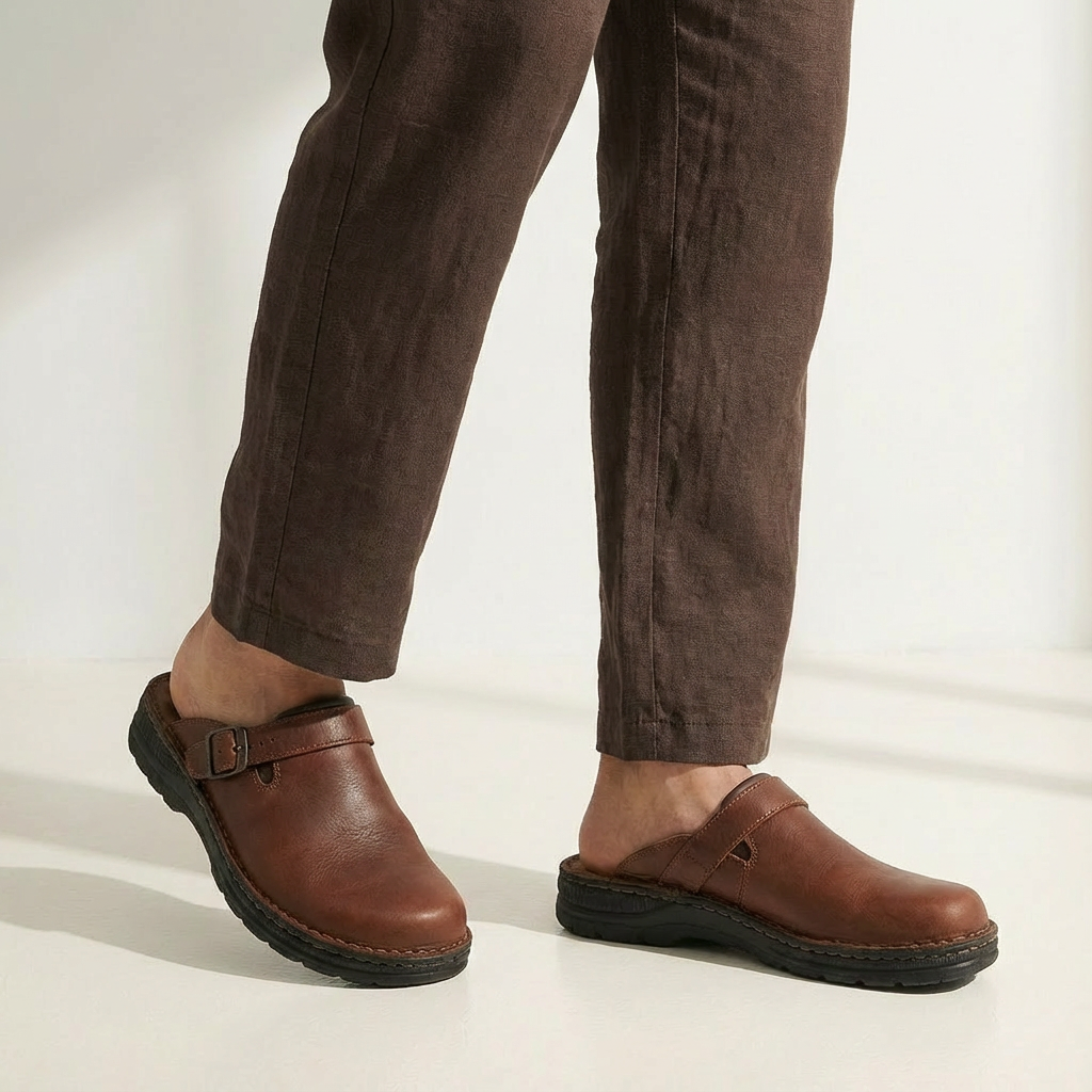 Men's casual slip-on clog mules with adjustable buckle. Comfortable everyday footwear, perfect as house shoes.