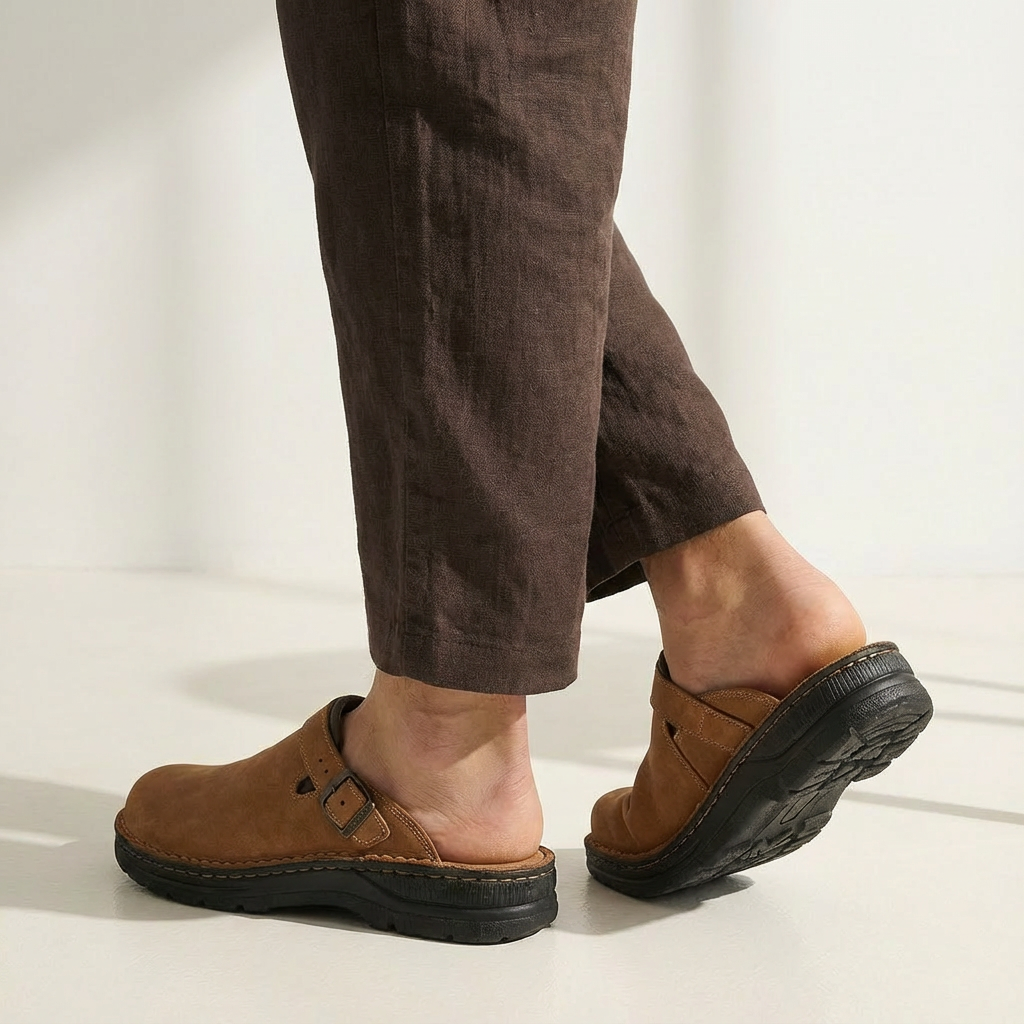 Pair of men's casual slip-on clog mules with adjustable buckle. Comfortable and practical lounge footwear.