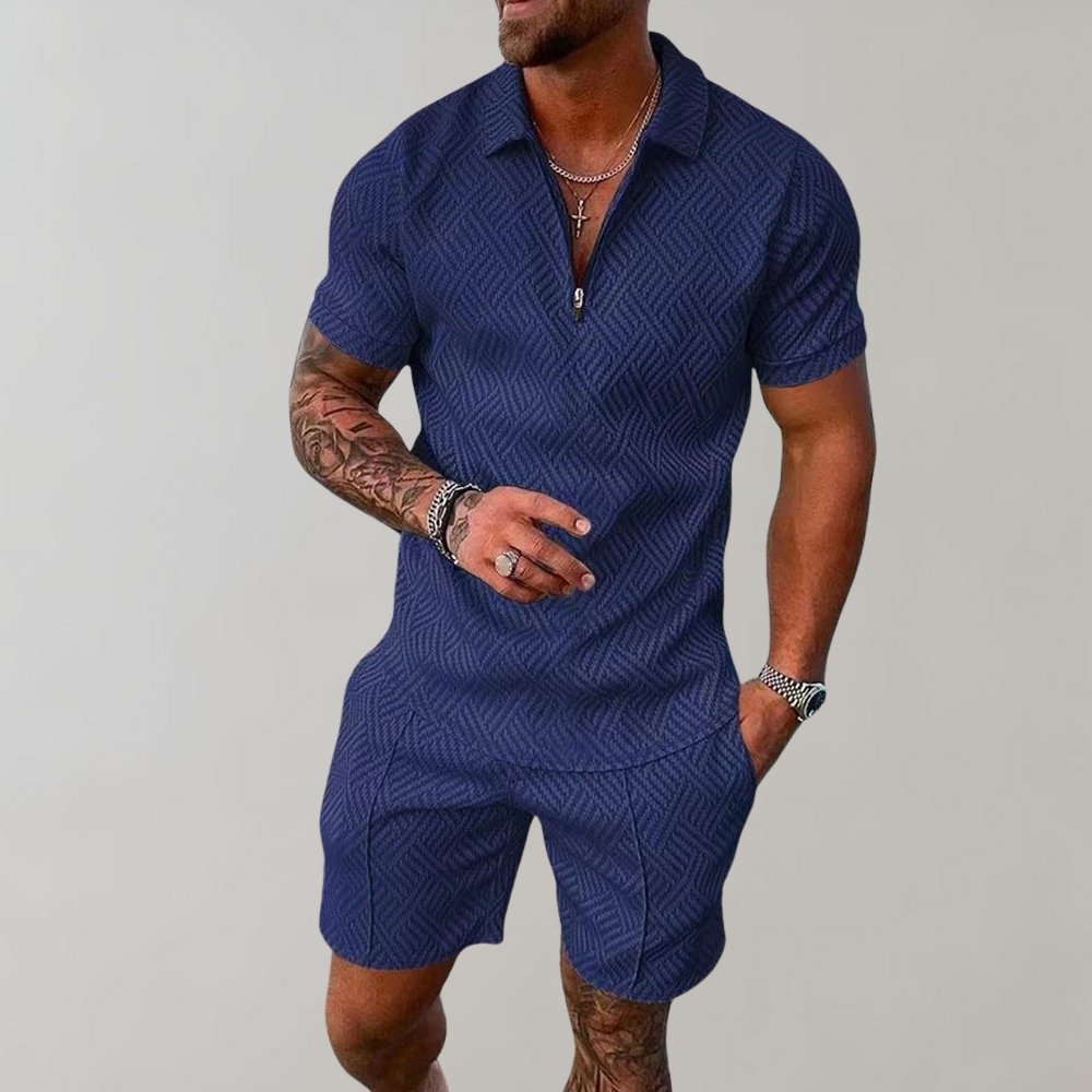 Men's casual summer polo shirt and shorts set in blue, perfect for warm weather and stylish vacation wear.