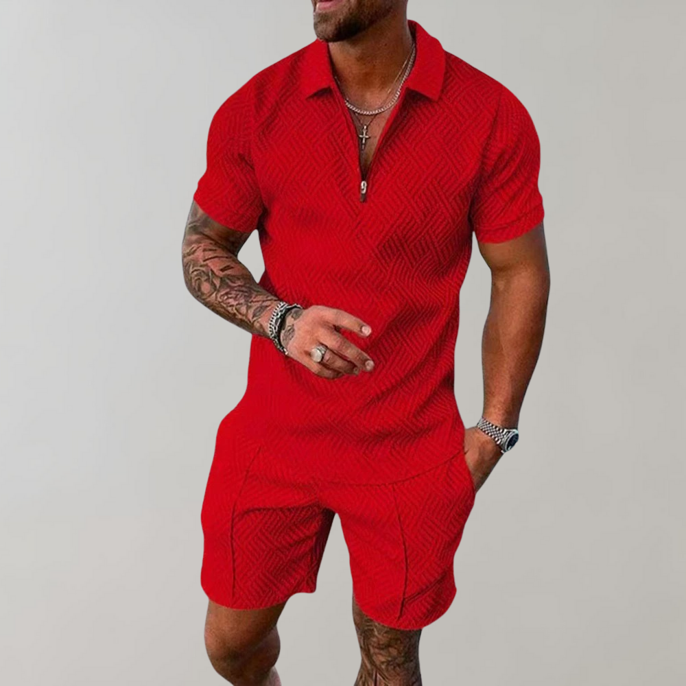 Matching men's summer outfit featuring a breathable polo shirt and shorts, ideal for spring and warm weather.
