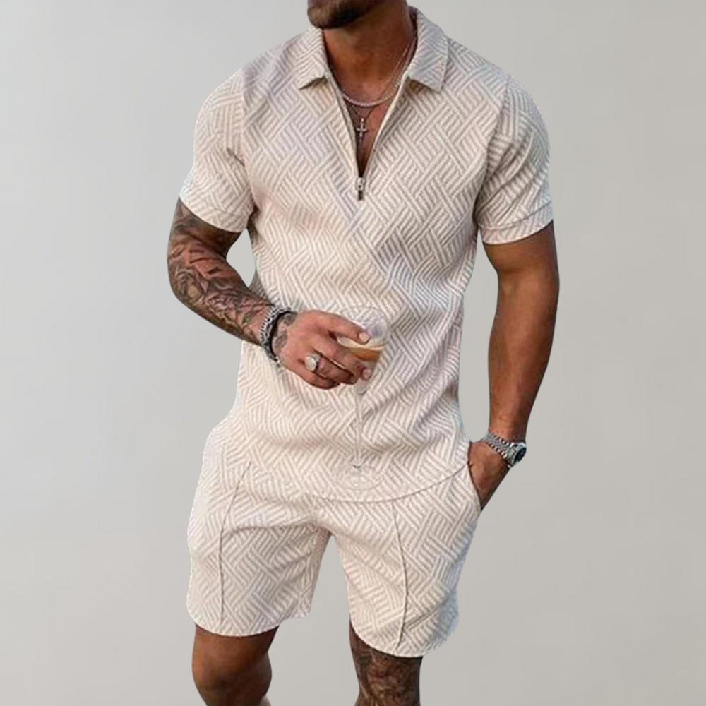 Stay cool in this men's casual summer set: short-sleeve polo & comfortable shorts for leisure and beachwear.