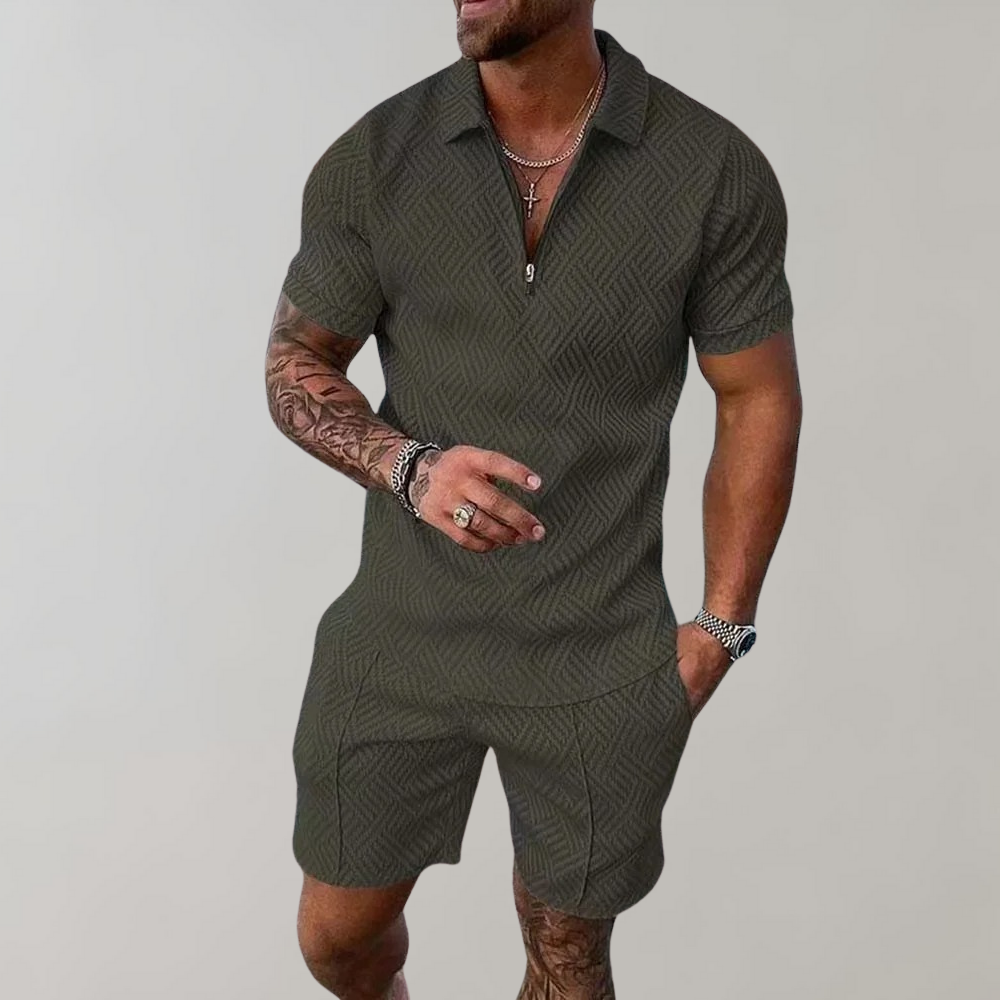 Stylish men's matching summer polo shirt and shorts, a versatile two-piece casual outfit for sunny days.