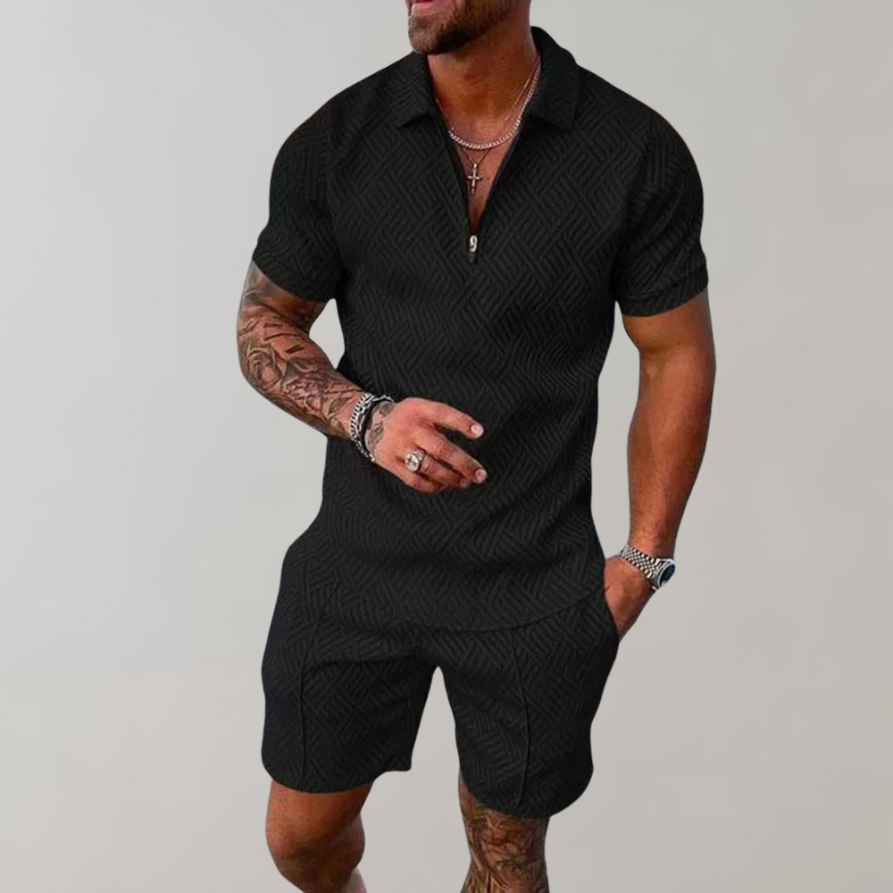 Men's trendy summer casual set with a short-sleeved polo and comfortable shorts, great for vacation fashion.
