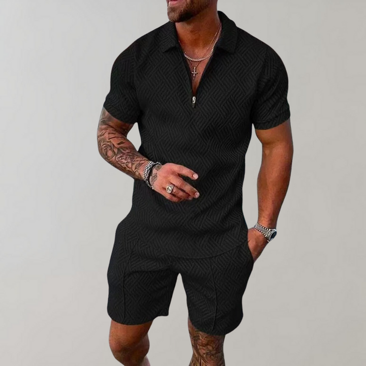 Men's trendy summer casual set with a short-sleeved polo and comfortable shorts, great for vacation fashion.