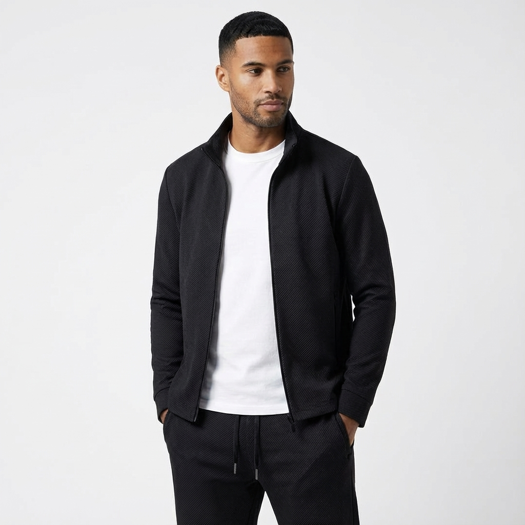 Men's casual tracksuit set with zip jacket & joggers for comfortable athletic wear.