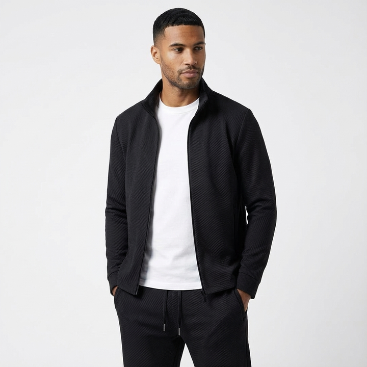 Men's casual tracksuit set with zip jacket & joggers for comfortable athletic wear.