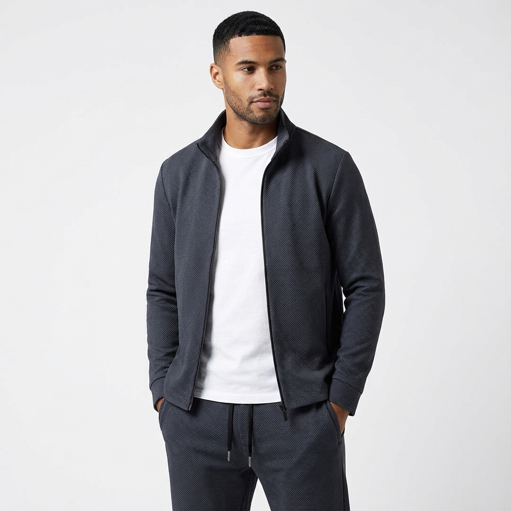 Sporty men's two-piece tracksuit featuring a zip jacket and matching joggers for casual fashion.