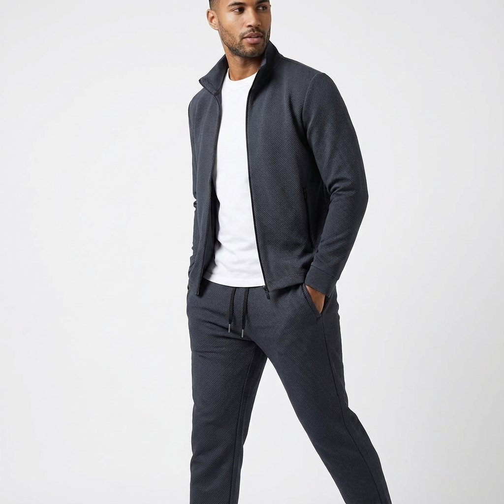 Men's activewear tracksuit set, ideal for travel, gym, or everyday comfort with zip jacket and joggers.