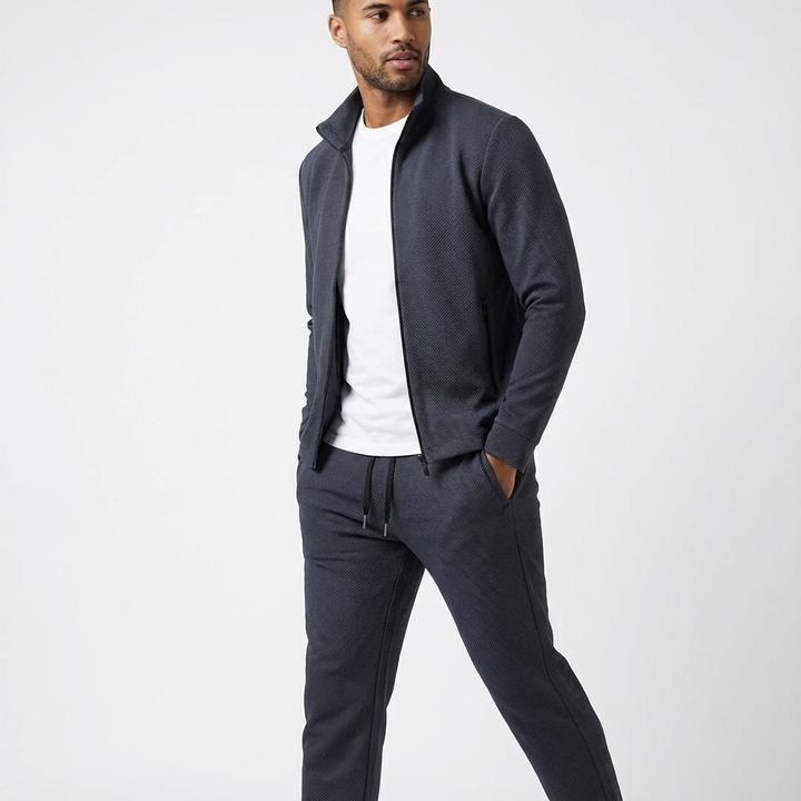 Men's activewear tracksuit set, ideal for travel, gym, or everyday comfort with zip jacket and joggers.