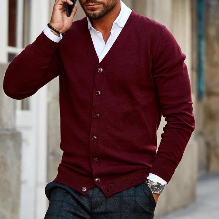 Men's casual V-neck button-up cardigan, perfect layering piece for smart casual everyday fashion. Comfortable long sleeve top.
