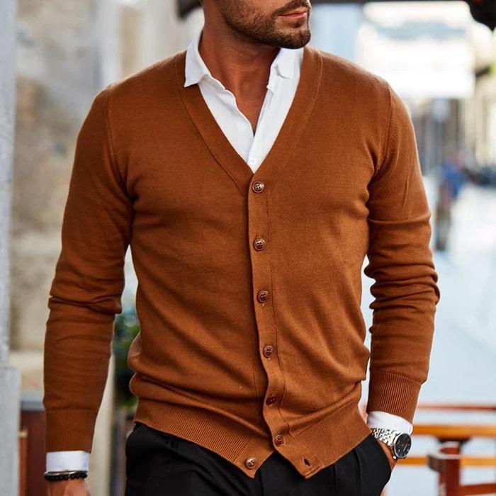 Versatile men's V-neck button-up cardigan for casual or smart casual layering. Classic long sleeve everyday fashion.