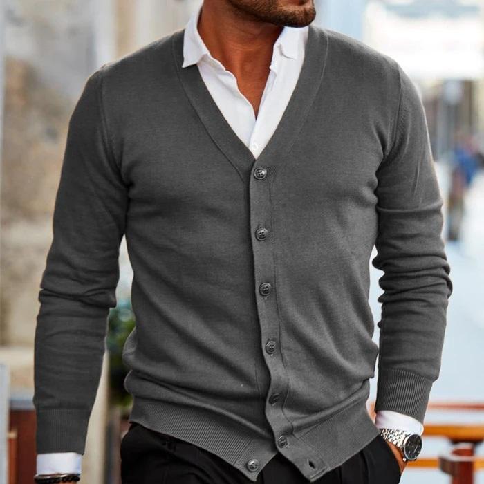 Stylish men's V-neck button-up cardigan with long sleeves. Essential casual layering piece for versatile everyday fashion.
