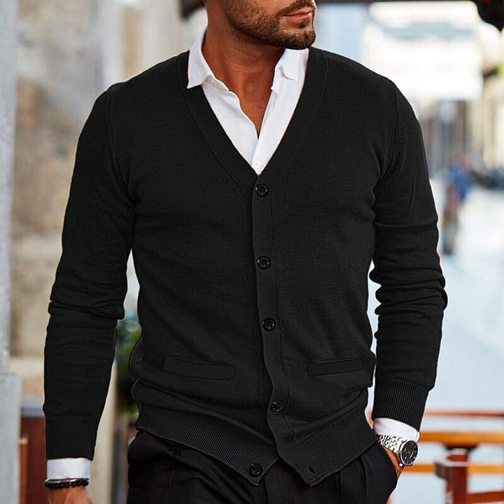 Men's smart casual V-neck button-up cardigan. A versatile long sleeve layering piece for everyday fashion.