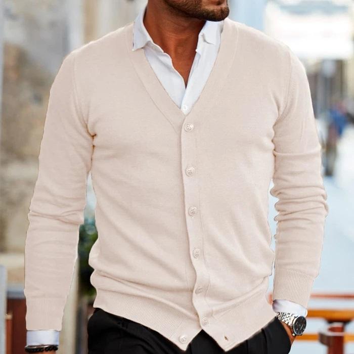 Modern classic men's V-neck button-up cardigan. Casual long sleeve layering top for versatile and comfortable everyday style.