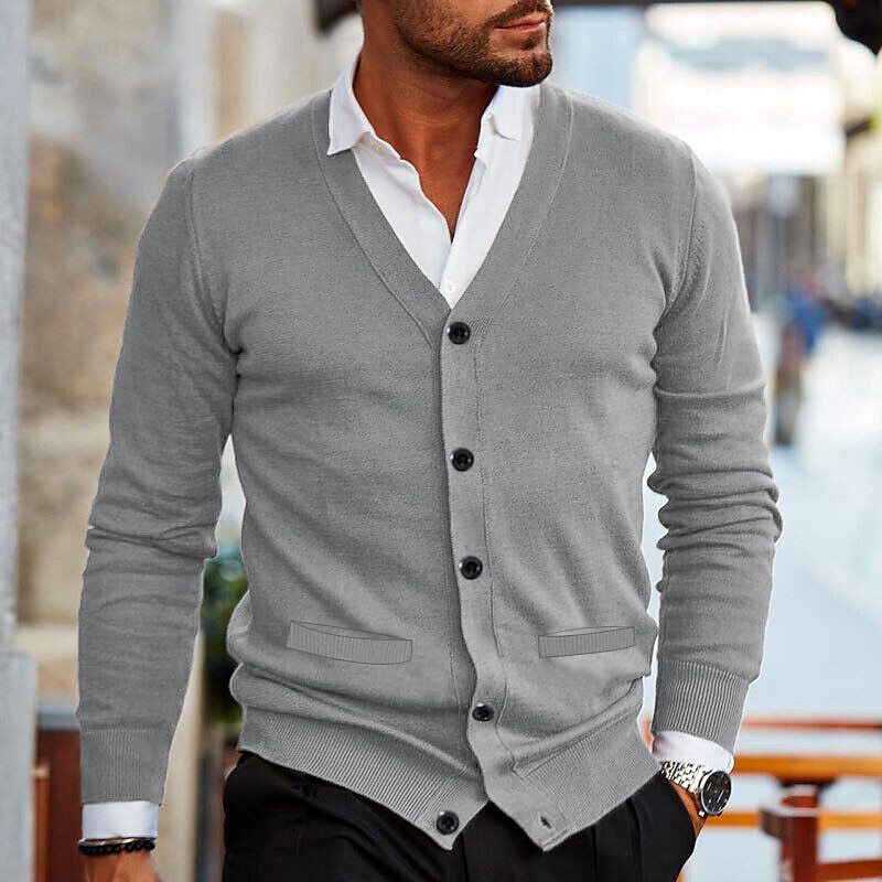 Practical men's casual V-neck button-up cardigan. Versatile long sleeve top, ideal for layering and smart casual fashion.