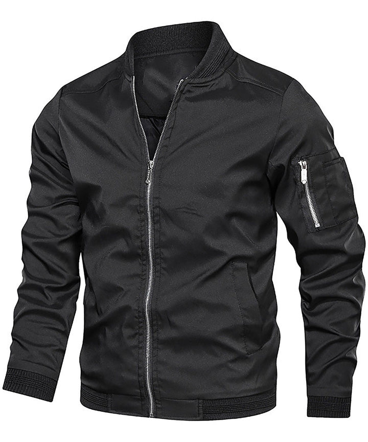Men's classic black bomber jacket, featuring a unique sleeve zip pocket & ribbed trim. Stylish casual outerwear.