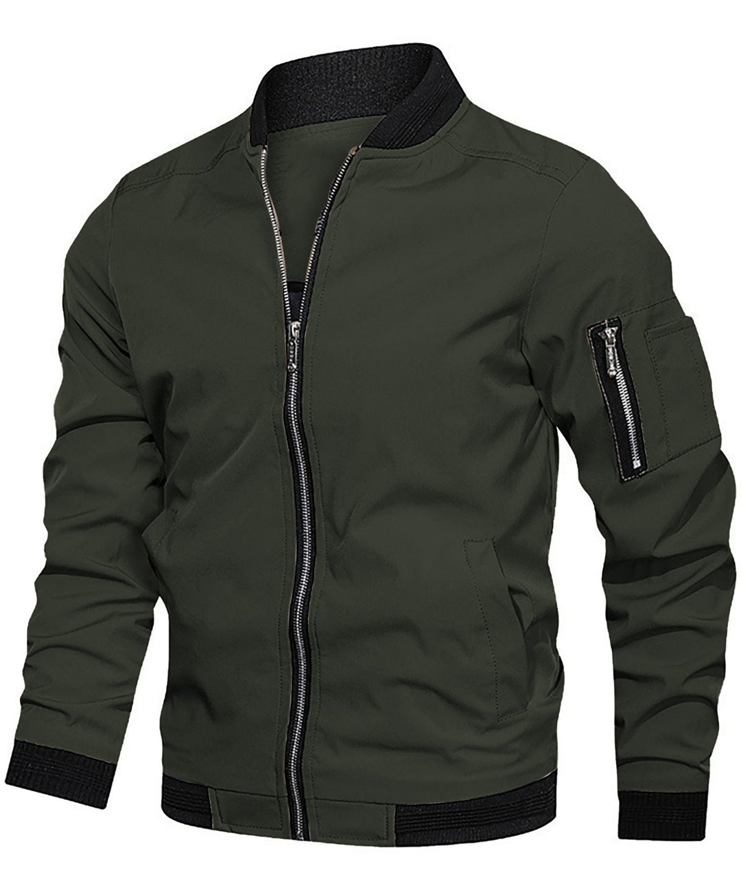 Stylish men's bomber jacket in a neutral tone, with a practical sleeve zip pocket. Ideal casual outerwear.
