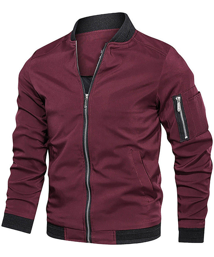 Khaki men's classic bomber jacket, detailed with a convenient sleeve zip pocket. Versatile everyday outerwear.