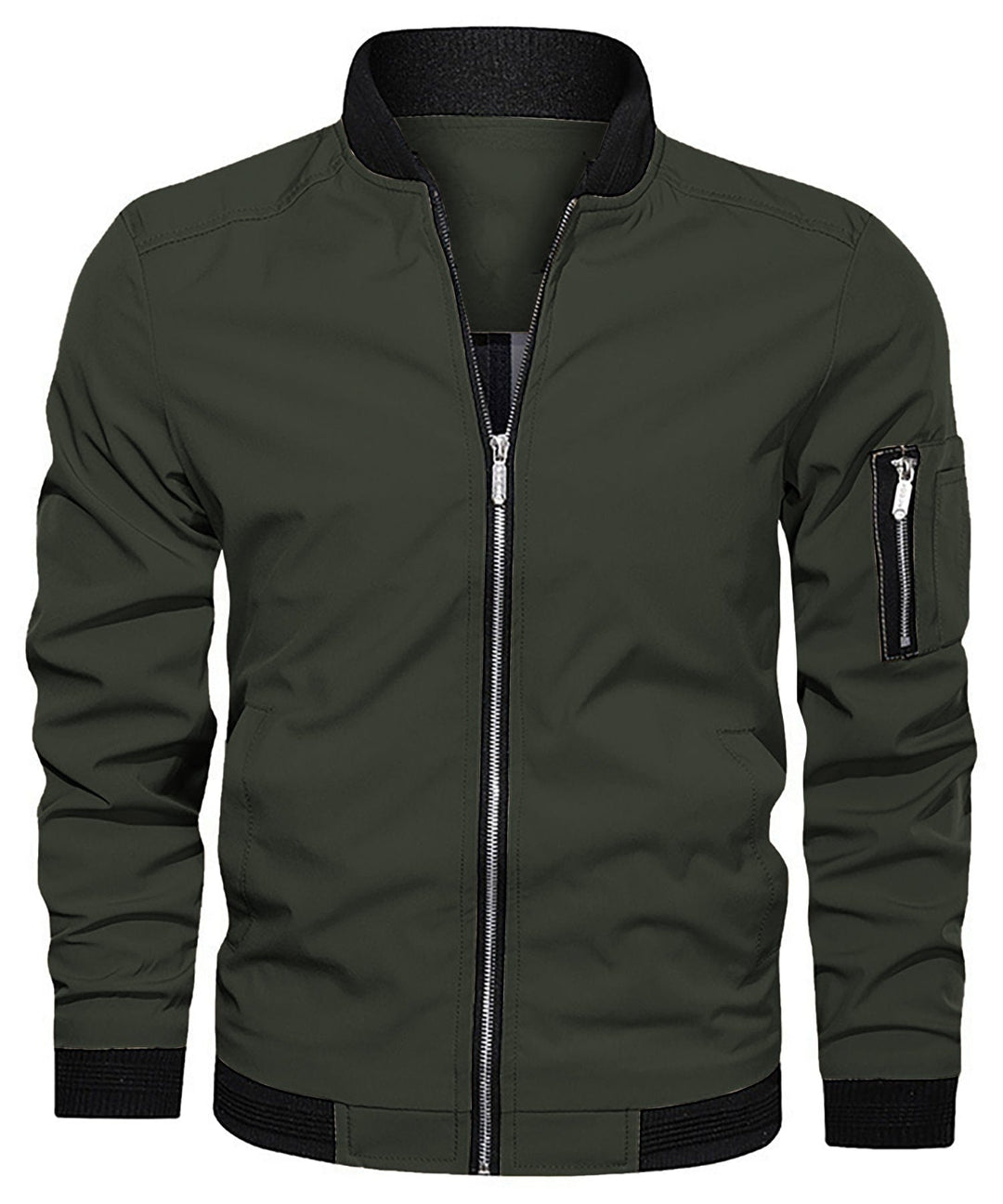Black men's durable bomber jacket, a classic outerwear piece with a practical sleeve zip pocket.