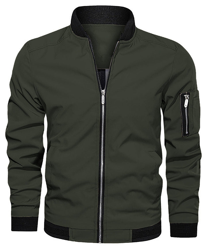 Black men's durable bomber jacket, a classic outerwear piece with a practical sleeve zip pocket.
