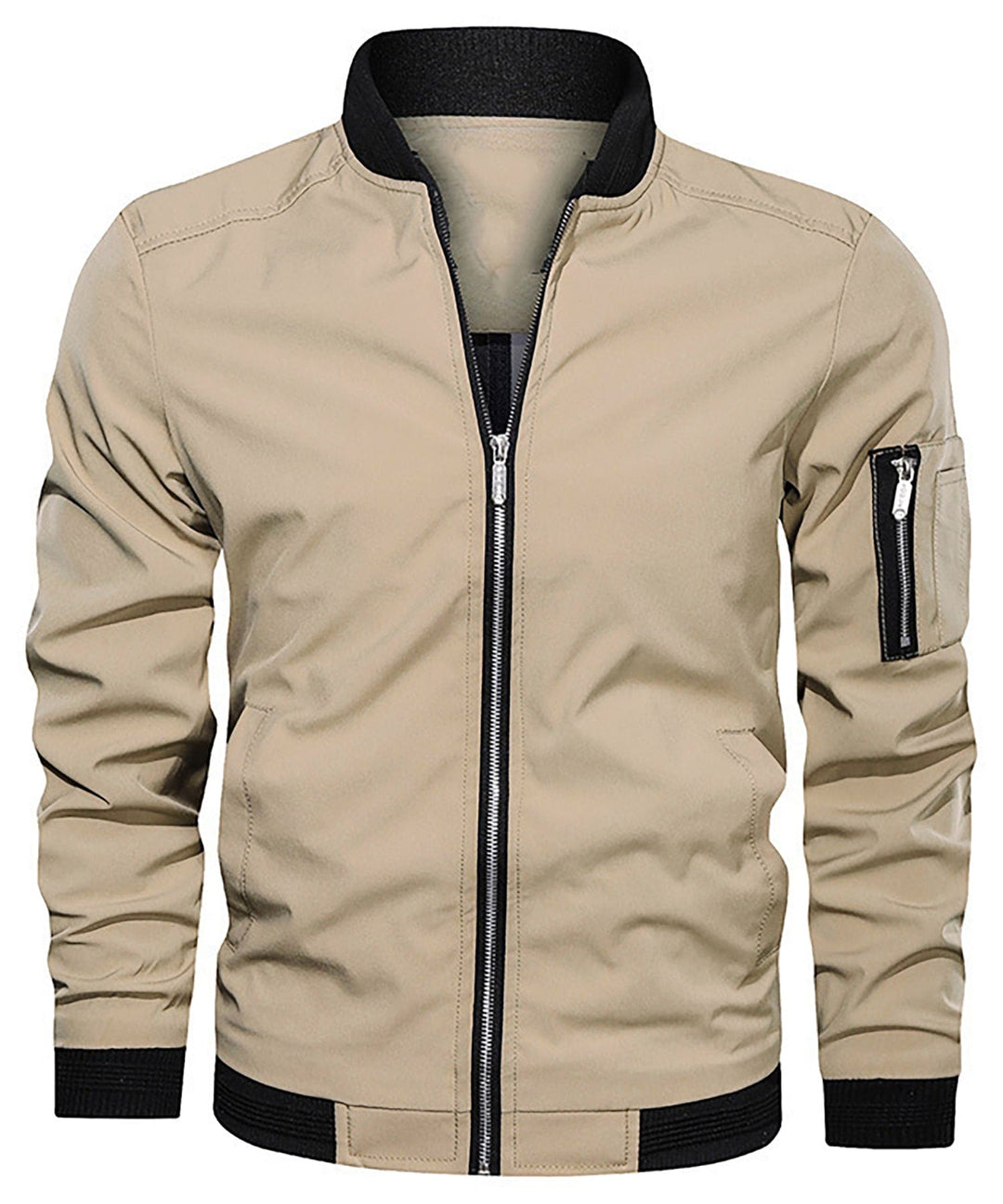 Fashionable men's bomber jacket, a timeless casual classic featuring a useful sleeve zip pocket.