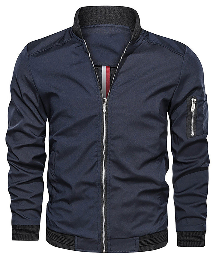 Casual men's olive green bomber jacket, complete with a trendy sleeve zip pocket. Outdoor fashion.